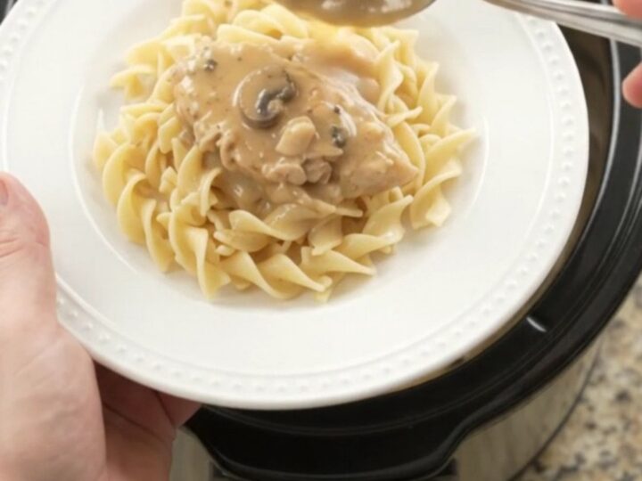 Tender turkey cutlets in creamy mushroom-ranch gravy in a slow cooker