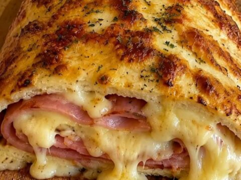 A golden-brown braided ham and cheese stromboli resting on a wooden board with melted cheese oozing out.