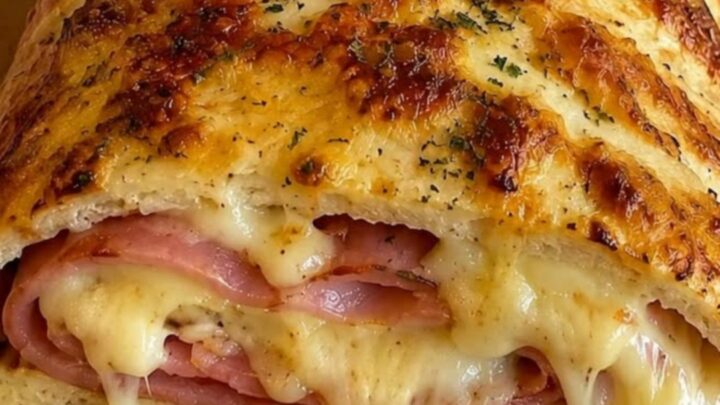 A golden-brown braided ham and cheese stromboli resting on a wooden board with melted cheese oozing out.
