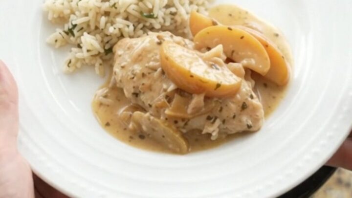 Slow cooker turkey cutlets with apples in a creamy Parmesan sauce