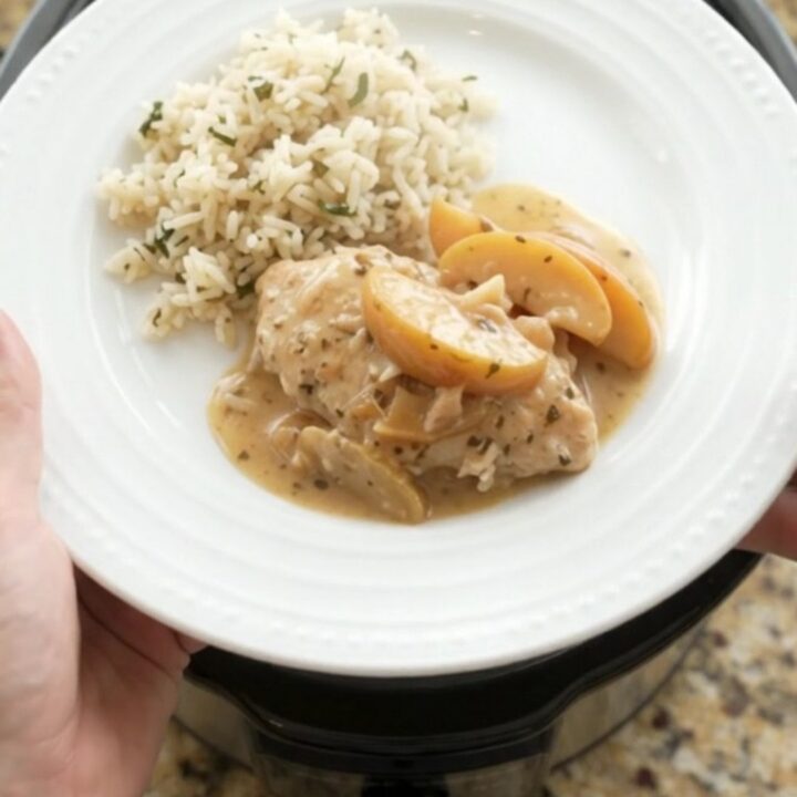 Slow cooker turkey cutlets with apples in a creamy Parmesan sauce