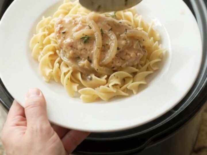 Smothered turkey cutlets in creamy sour cream French onion gravy in a slow cooker