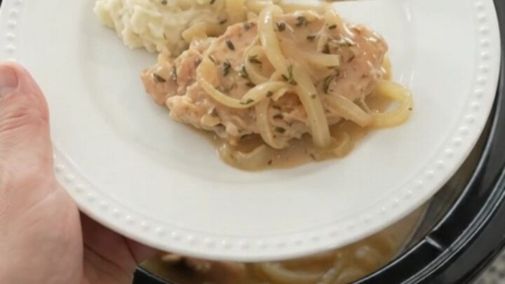 Tender turkey cutlets in a creamy butter and onion sauce in a slow cooker