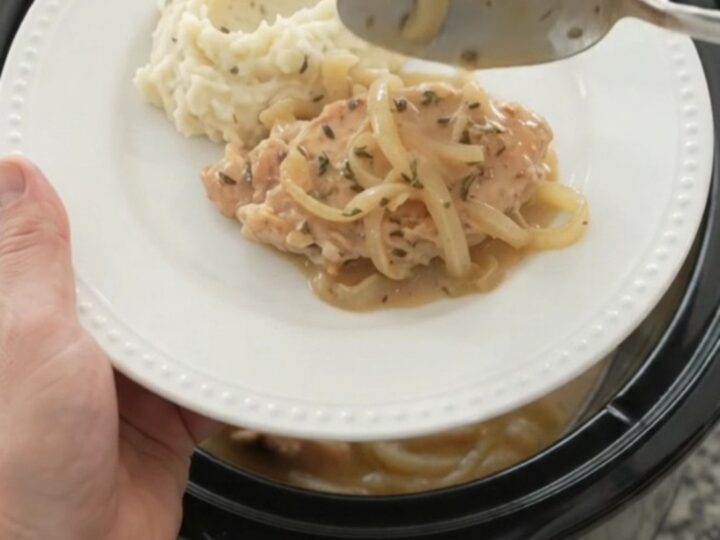 Tender turkey cutlets in a creamy butter and onion sauce in a slow cooker