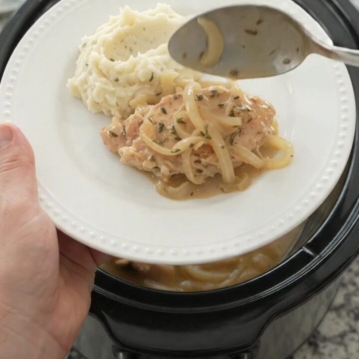 Tender turkey cutlets in a creamy butter and onion sauce in a slow cooker
