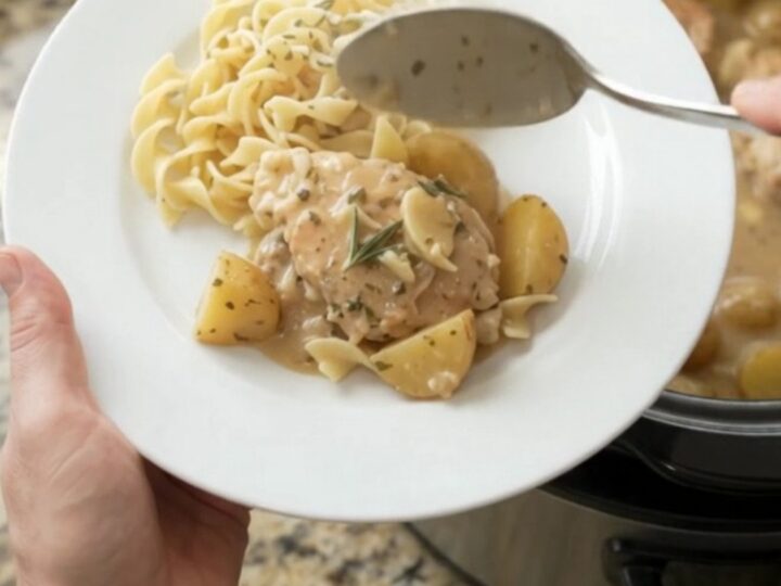 Crockpot full of creamy turkey and potatoes with gravy