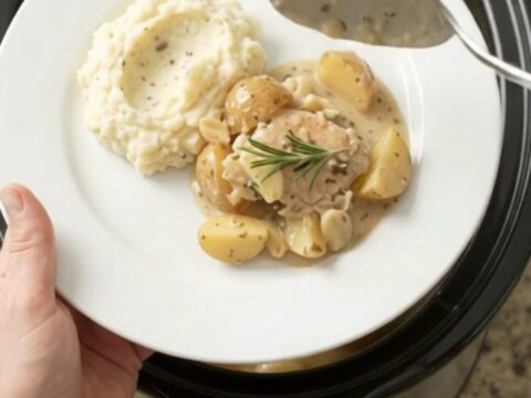 Tender turkey cutlets and baby potatoes in a creamy butter sauce in a slow cooker