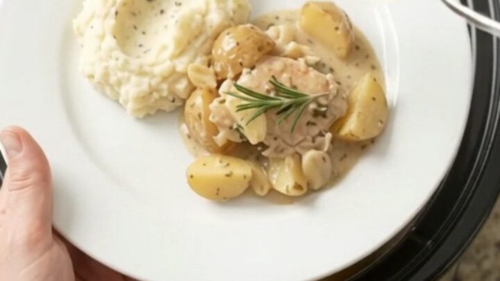 Tender turkey cutlets and baby potatoes in a creamy butter sauce in a slow cooker