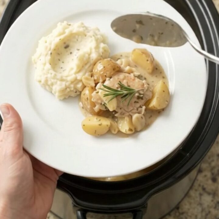 Tender turkey cutlets and baby potatoes in a creamy butter sauce in a slow cooker