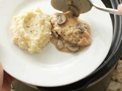 Slow cooker chicken cutlets in creamy mushroom-ranch sauce with melted Gruyère