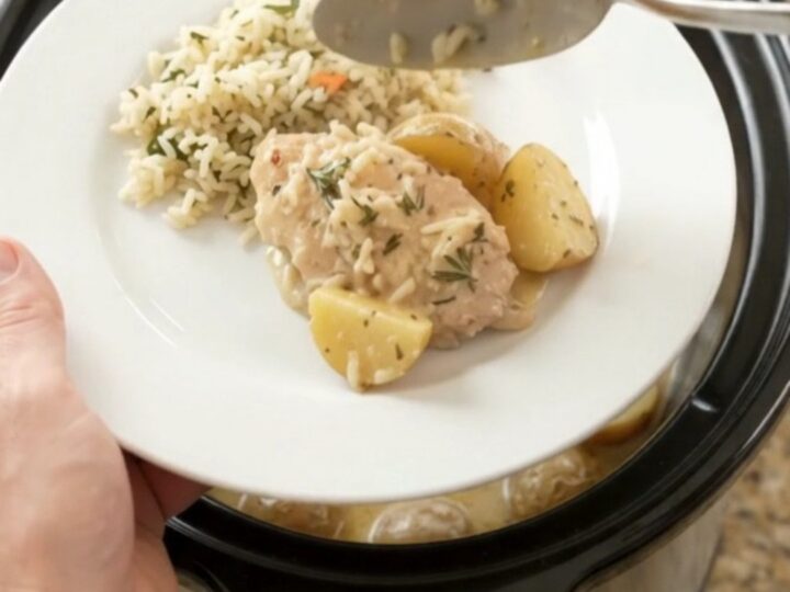 Slow cooker with creamy Parmesan turkey cutlets and baby potatoes, topped with fresh rosemary