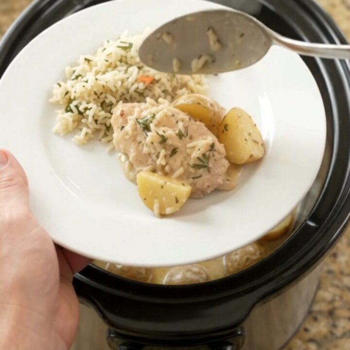 Slow cooker with creamy Parmesan turkey cutlets and baby potatoes, topped with fresh rosemary