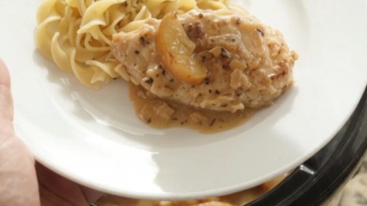 Slow cooker with chicken, apples, and creamy gravy, spoon lifting a portion