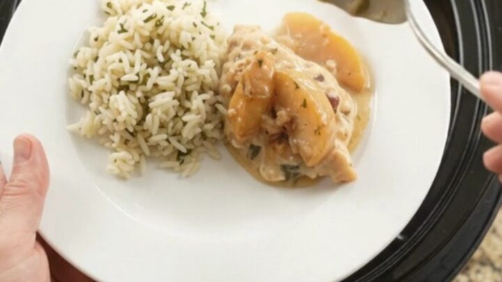 Slow-cooker Parmesan apple cider chicken cutlets with creamy sauce and apple slices in a black crockpot.