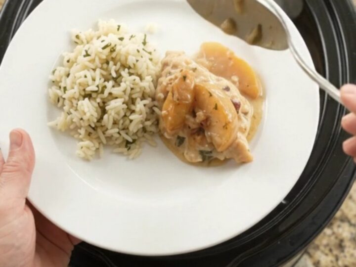 Slow-cooker Parmesan apple cider chicken cutlets with creamy sauce and apple slices in a black crockpot.