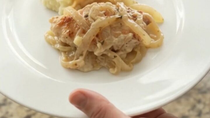 Slow cooker French onion chicken with melted Gruyère and onions