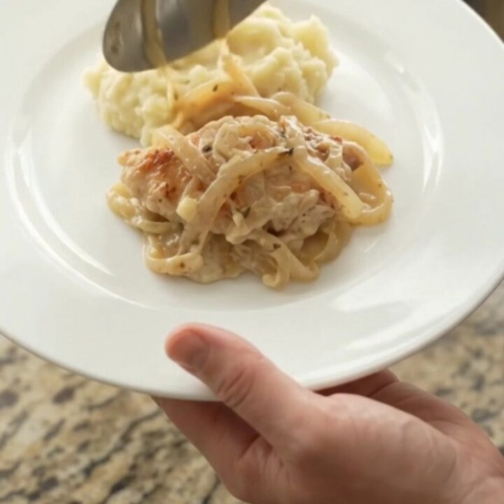 Slow cooker French onion chicken with melted Gruyère and onions