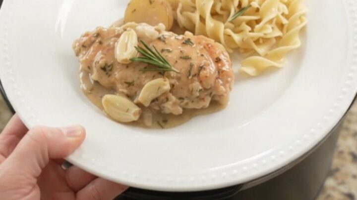 Slow cooker sour cream garlic herb chicken cutlets with baby potatoes in a creamy pan gravy.