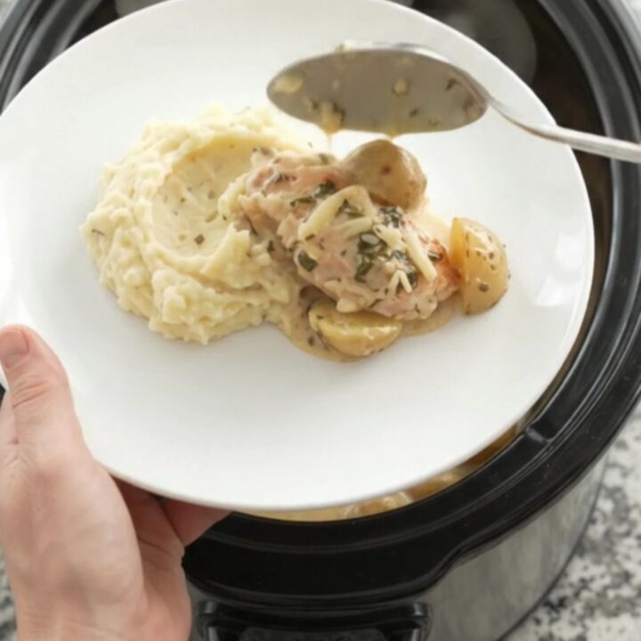 Slow cooker chicken and potatoes in creamy Gruyère sauce