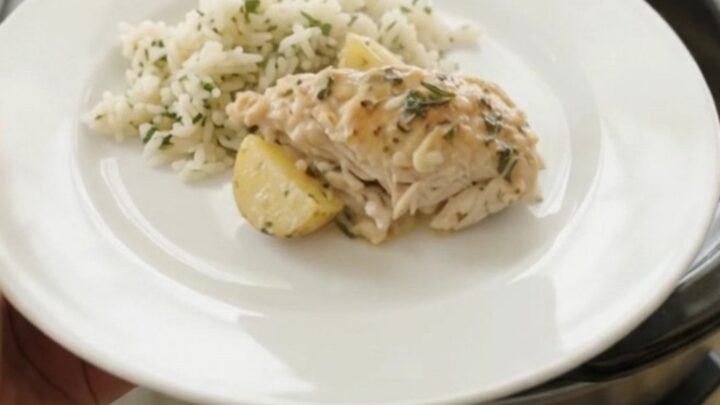 Slow cooker Parmesan garlic herb chicken cutlets with baby potatoes in creamy sauce