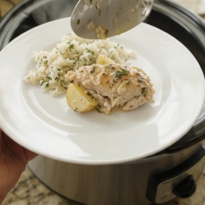 Slow cooker Parmesan garlic herb chicken cutlets with baby potatoes in creamy sauce