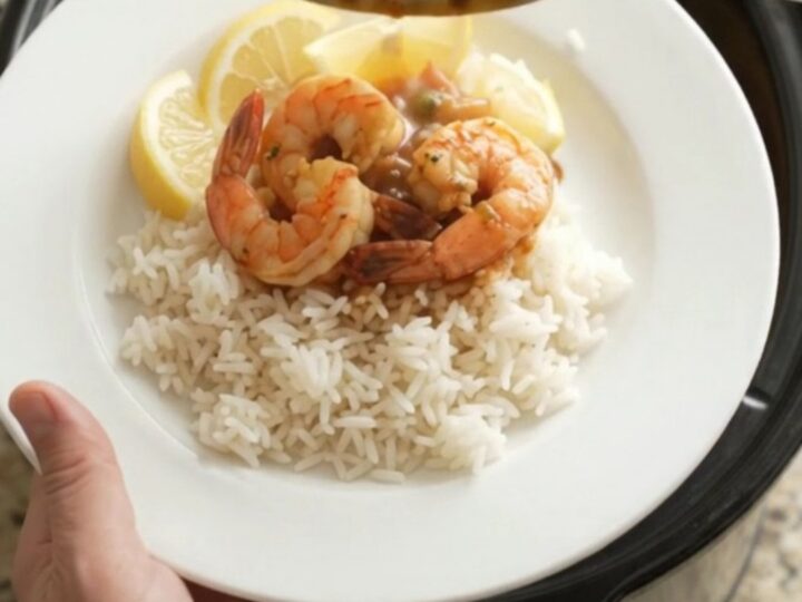 Bayou Butter Cajun Boil Jumbo Shrimp in a slow cooker with corn and potatoes in a red butter sauce