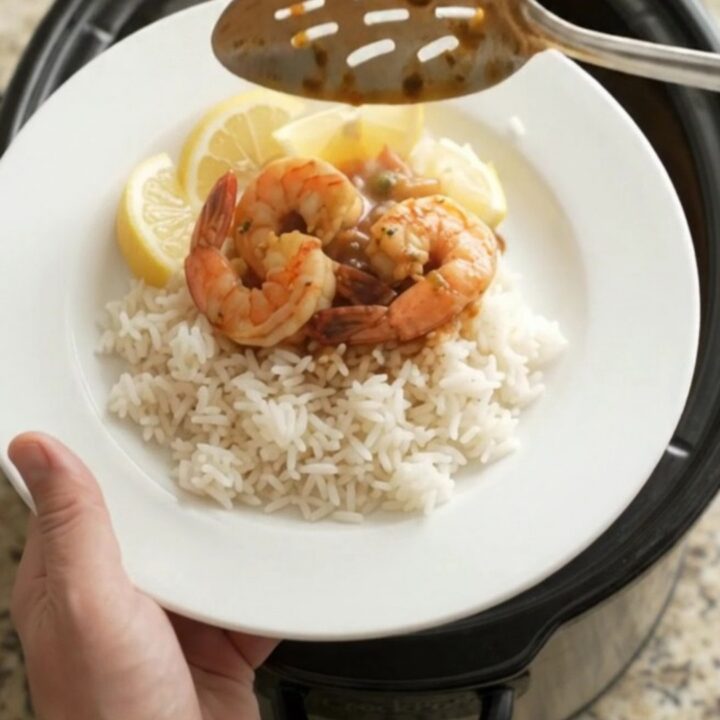 Bayou Butter Cajun Boil Jumbo Shrimp in a slow cooker with corn and potatoes in a red butter sauce