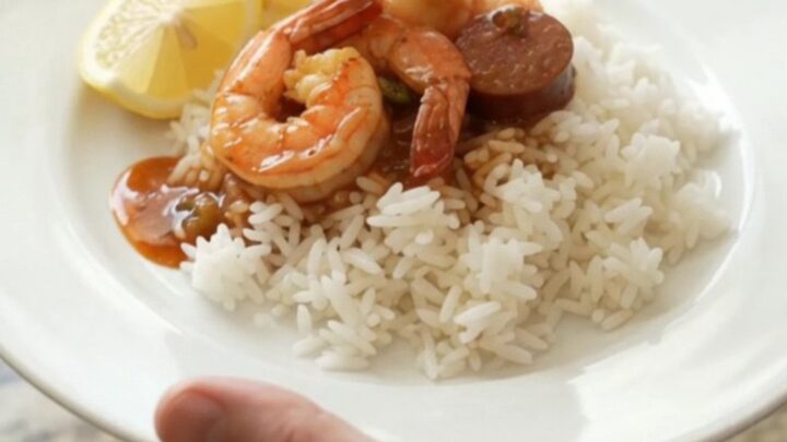 Slow cooker Cajun shrimp and andouille boil in a black crock, with red butter sauce and steam rising.
