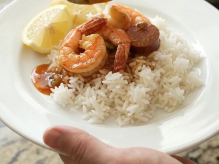 Slow cooker Cajun shrimp and andouille boil in a black crock, with red butter sauce and steam rising.