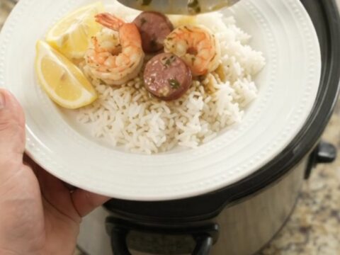 Crockpot shrimp boil with andouille and potatoes in a golden butter sauce