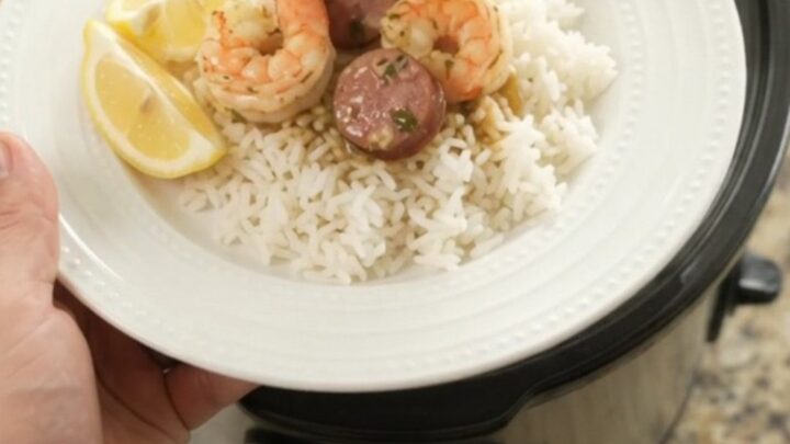 Crockpot shrimp boil with andouille and potatoes in a golden butter sauce