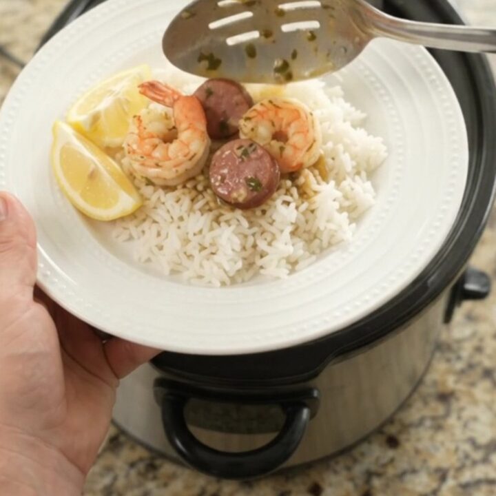 Crockpot shrimp boil with andouille and potatoes in a golden butter sauce