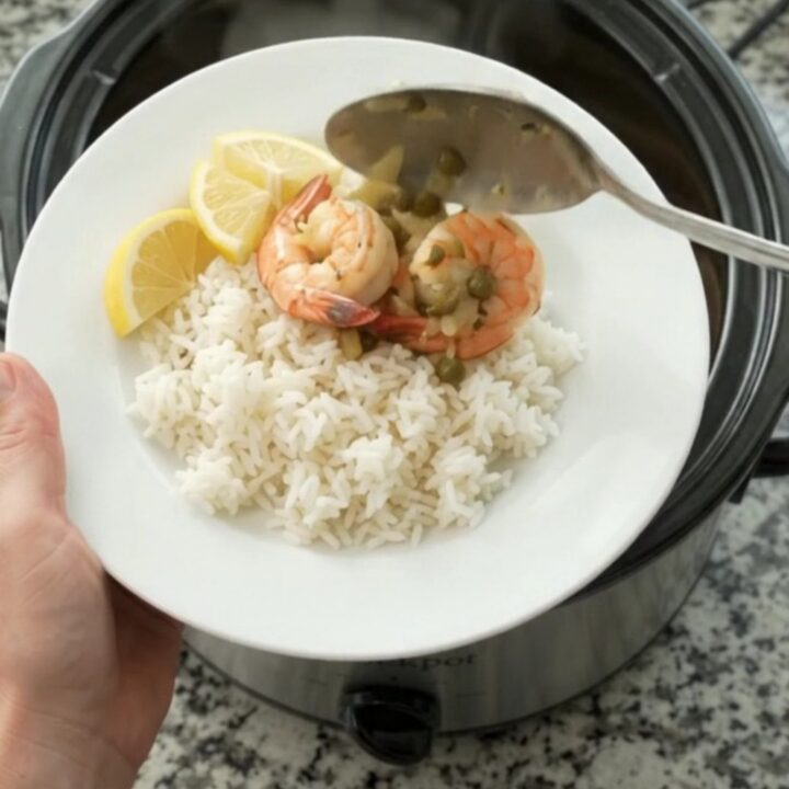 Slow-cooker shrimp in golden butter sauce with lemon and capers