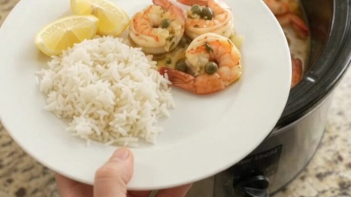 Slow-cooker chili lime butter shrimp with lemon and capers in a glossy sauce