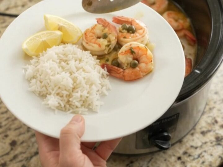 Slow-cooker chili lime butter shrimp with lemon and capers in a glossy sauce