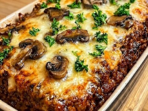 A steaming cheesy beef and mushroom casserole in a ceramic dish, featuring a golden, bubbly cheese crust on a wooden board.
