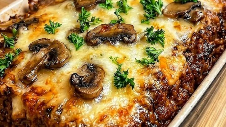 A steaming cheesy beef and mushroom casserole in a ceramic dish, featuring a golden, bubbly cheese crust on a wooden board.