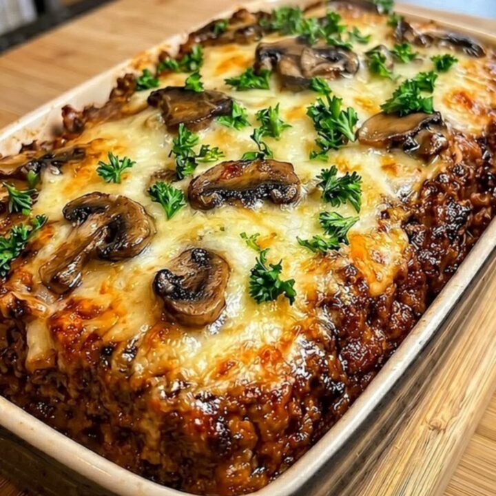 A steaming cheesy beef and mushroom casserole in a ceramic dish, featuring a golden, bubbly cheese crust on a wooden board.