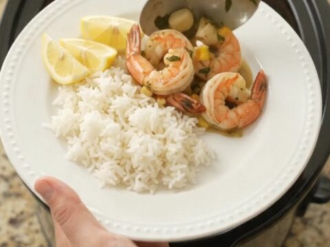 Slow cooker full of jumbo shrimp, corn, and garlic in a golden butter sauce with steam rising.