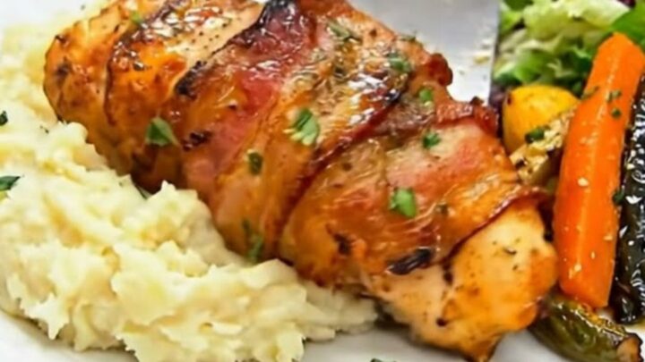 A golden honey-glazed bacon-wrapped chicken breast served over creamy mashed potatoes.