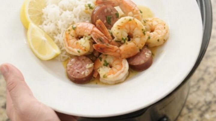 Slow cooker filled with snow crab legs, shrimp, sausage, and potatoes in a garlic butter sauce.