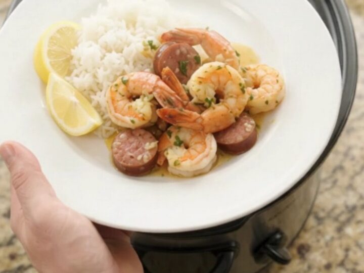 Slow cooker filled with snow crab legs, shrimp, sausage, and potatoes in a garlic butter sauce.
