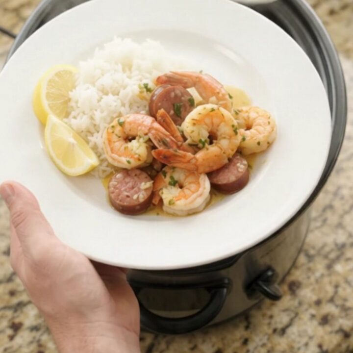 Slow cooker filled with snow crab legs, shrimp, sausage, and potatoes in a garlic butter sauce.