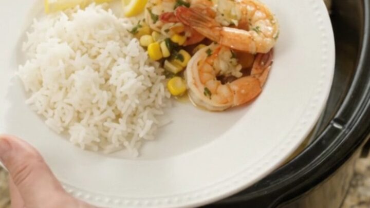 Slow cooker filled with snow crab legs, shrimp, corn, and garlic in a golden butter sauce