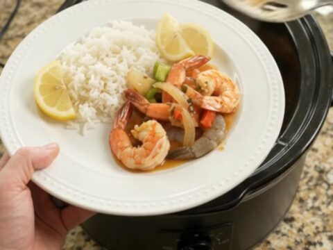 Snow crab clusters and shrimp in a slow cooker with red and green bell peppers and onions in a buttery sauce