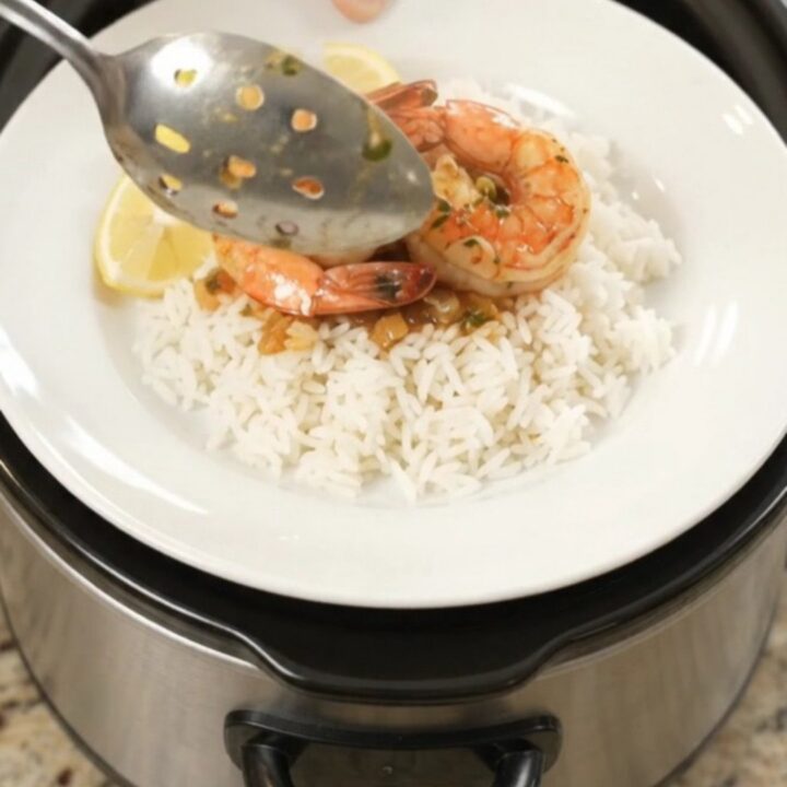 Slow cooker filled with lobster tails, shrimp, corn, and potatoes in a spicy butter sauce