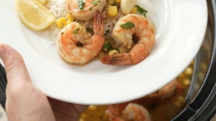 A slow cooker filled with snow crab, shrimp, corn, and garlic in a glossy chili lime butter sauce, garnished with cilantro.