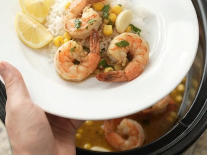 A slow cooker filled with snow crab, shrimp, corn, and garlic in a glossy chili lime butter sauce, garnished with cilantro.
