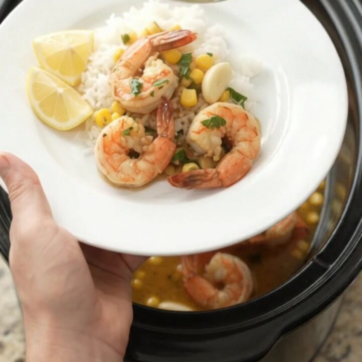 A slow cooker filled with snow crab, shrimp, corn, and garlic in a glossy chili lime butter sauce, garnished with cilantro.