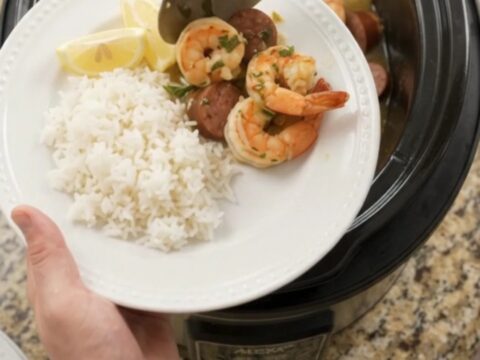 Slow cooker chili lime butter lobster boil with shrimp, sausage, and potatoes